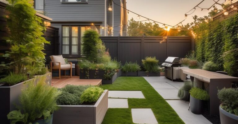 Mały ogród przy szeregowcu: Aranżacja i projekt w zabudowie.