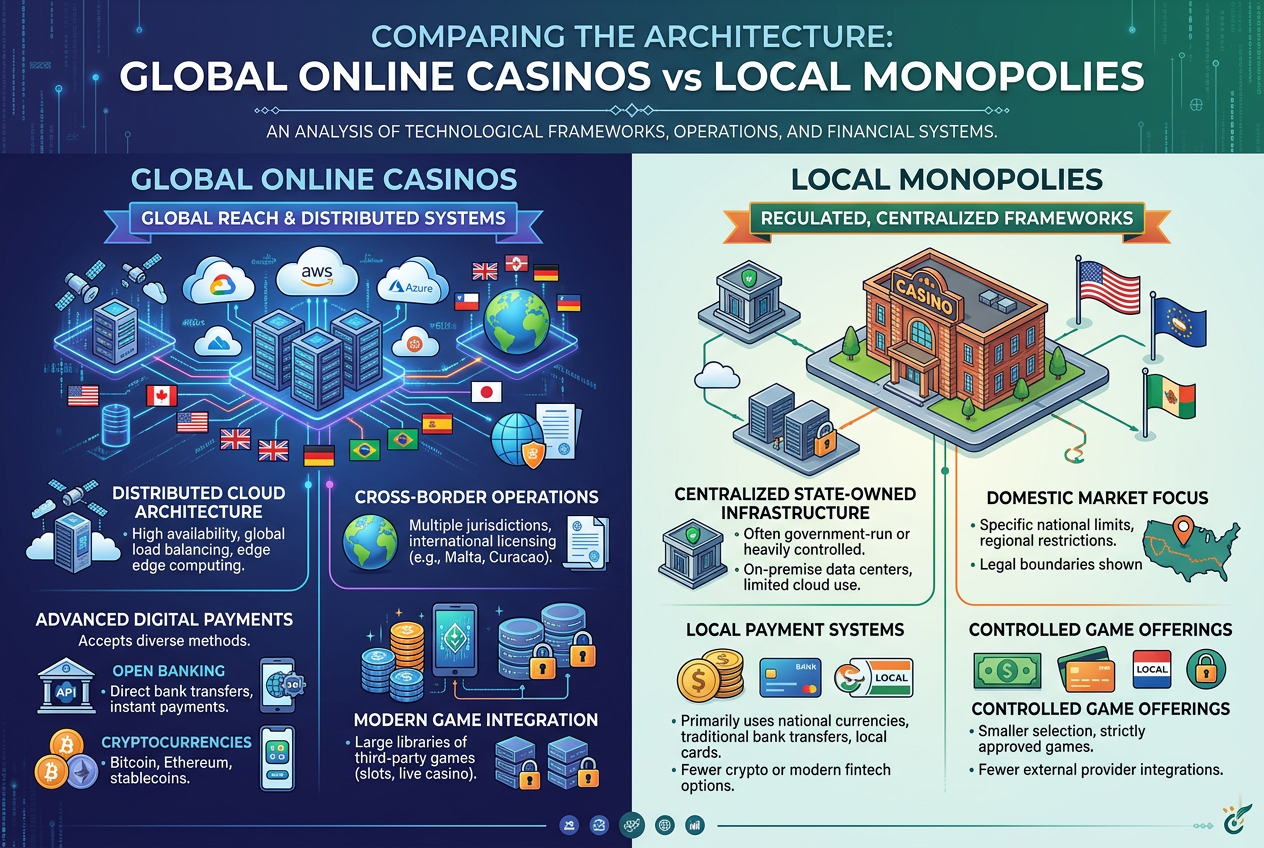 Infografika porównująca strukturę zagranicznych kasyn online i lokalnych monopoli pod względem licencji i płatności