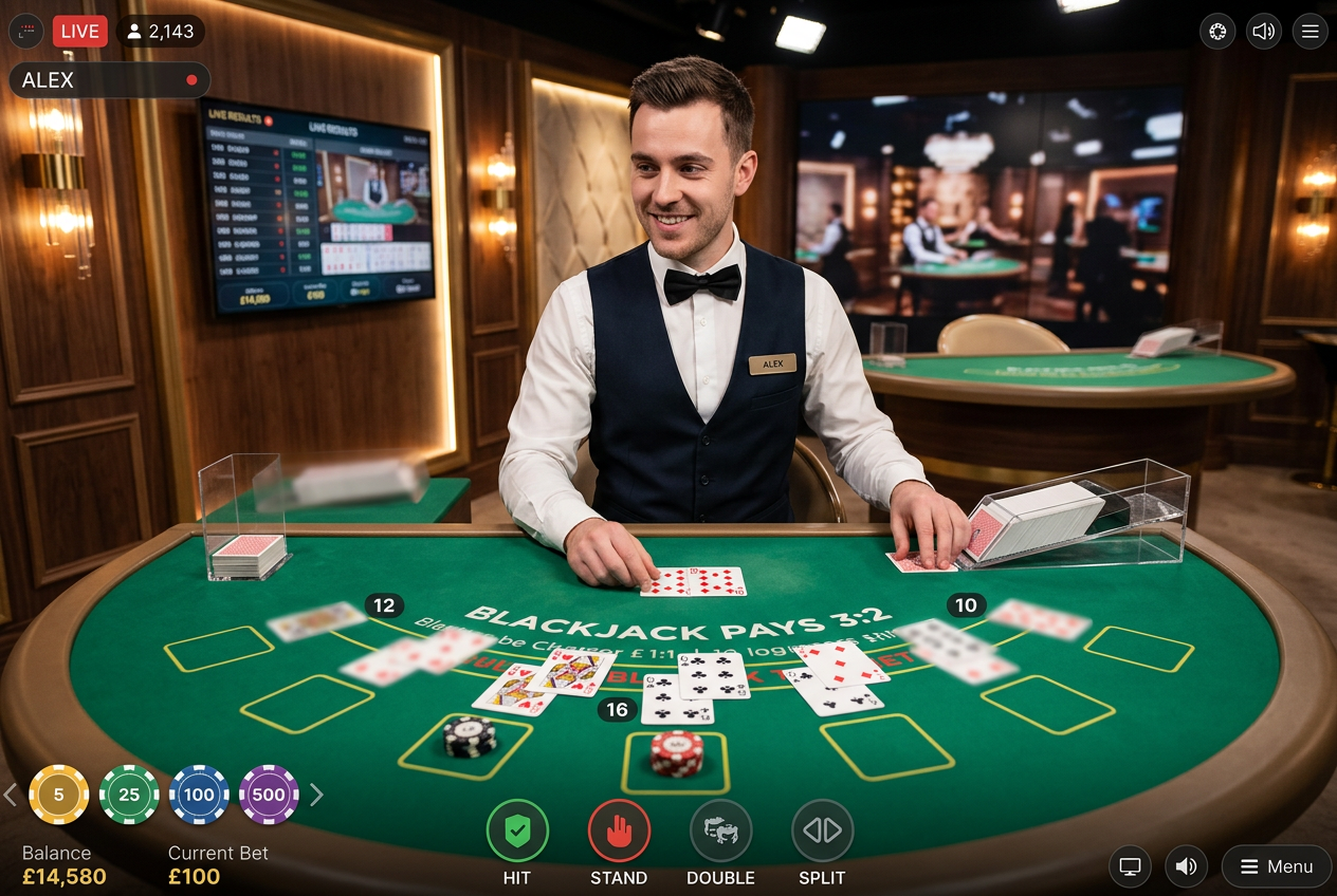 Akcja w kasynie na żywo - widok pierwszej osoby na stół do blackjacka