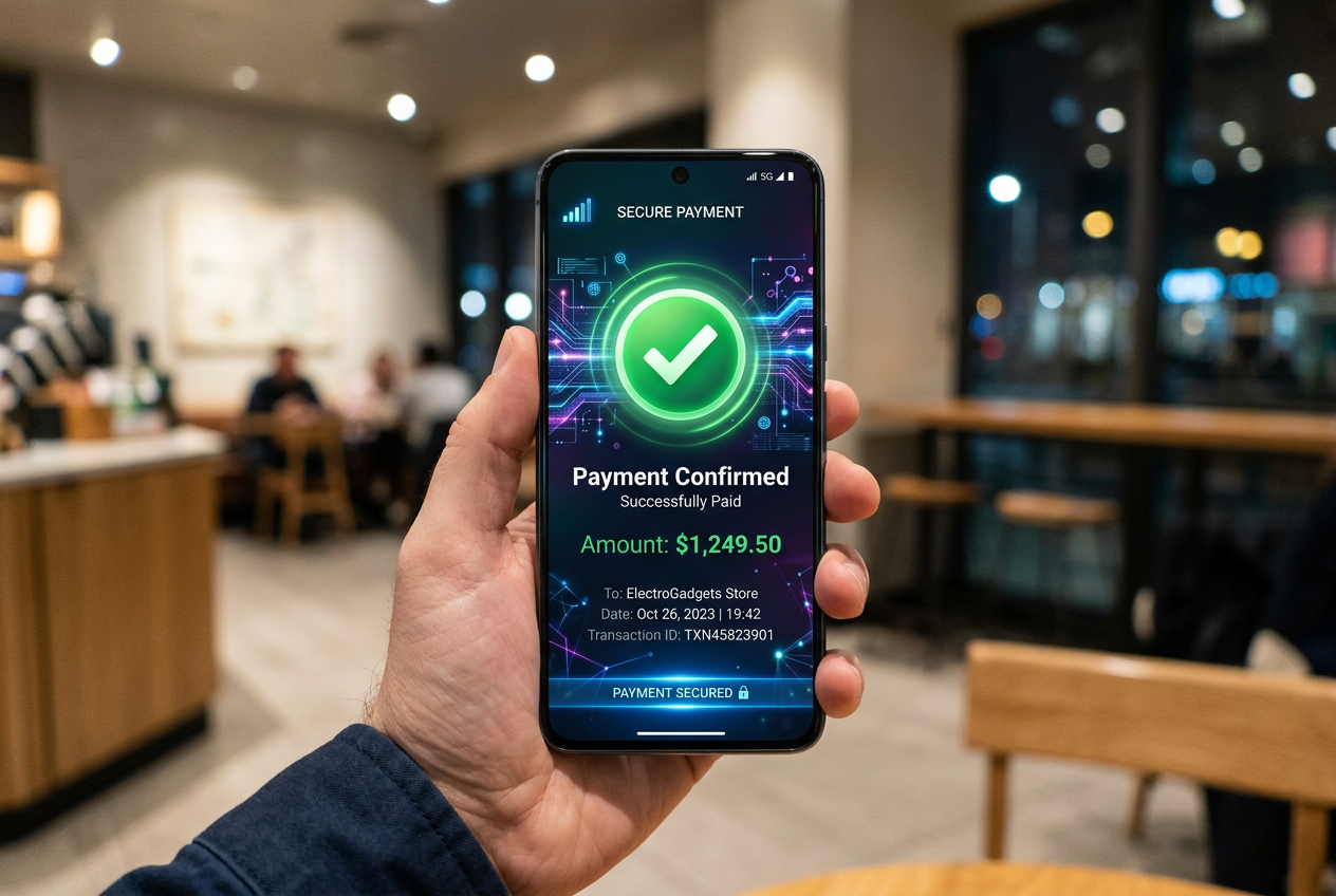 Modern digital interface showing a mobile payment processing status with glowing blue tech elements