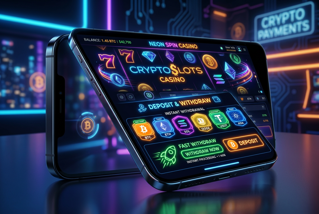 Nowoczesny smartfon wyświetlający interfejs kasyna online z ikonami kryptowalut i szybkimi wypłatami