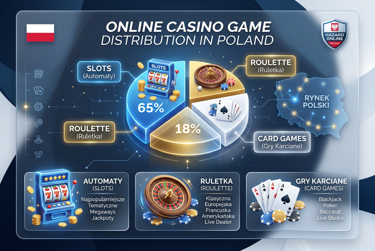 Infografika przedstawiająca podział najpopularniejszych kategorii gier kasynowych w Polsce w 2026 roku